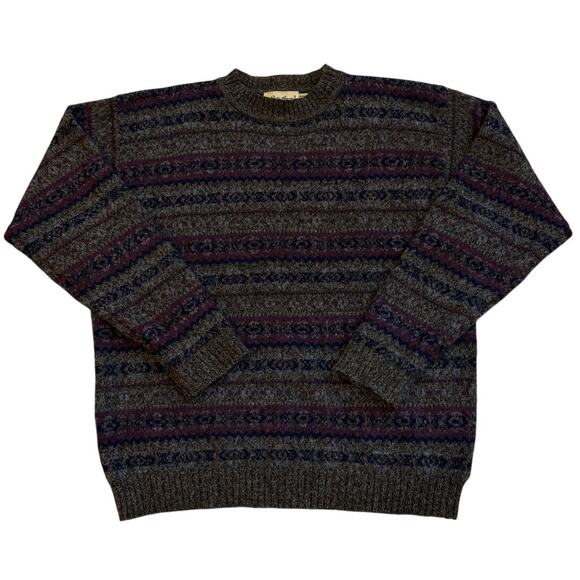 Vtg Eddie Bauer Sweater Mens Large Gray Fair Isle Wool Knit Nordic Crewneck Y2K - Picture 1 of 9